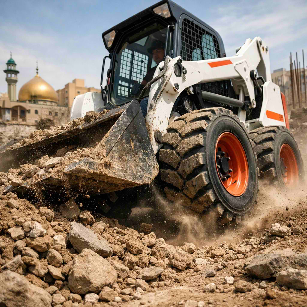 بابکت در حال عملیات خاکبرداری با لاستیکهای مقاوم مخصوص پروژههای عمرانی